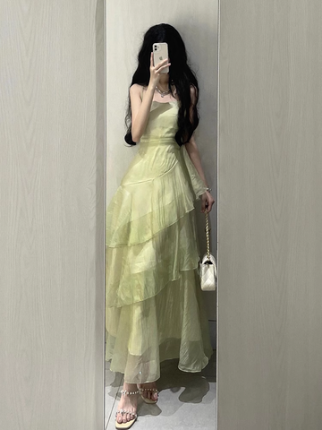 Retro Sheath Spaghetti Straps Sage Green Ruffles Party Beach Dresses Birthday Outfits SD556